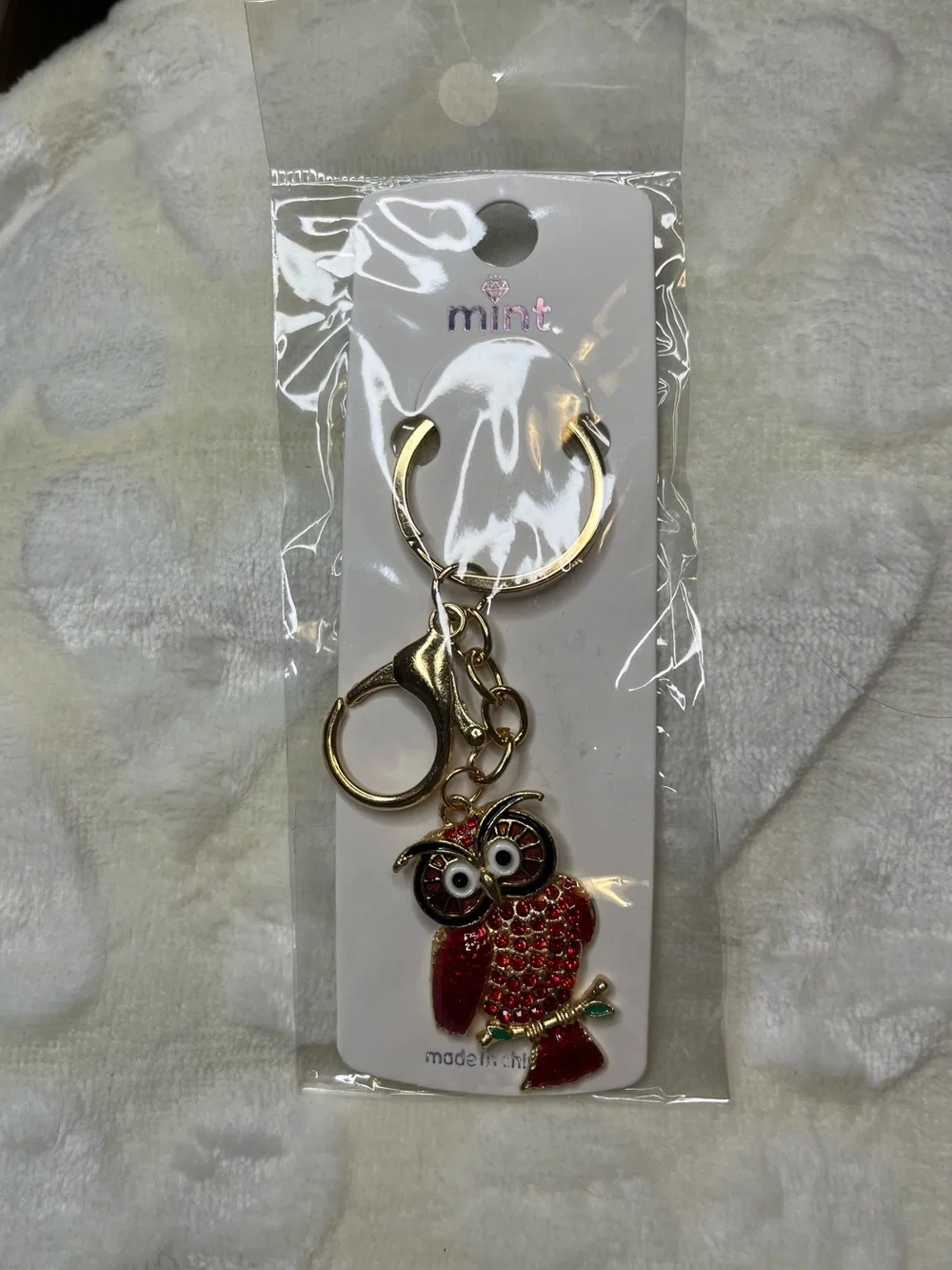 Mint Red and Gold Owl Keychain Charm